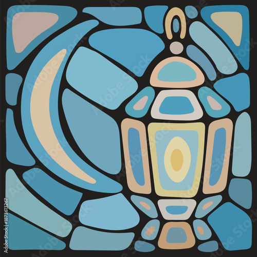 A graceful stained-glass depiction of a crescent moon paired with a lantern, created for Islamic holiday artwork and spiritual interior design.