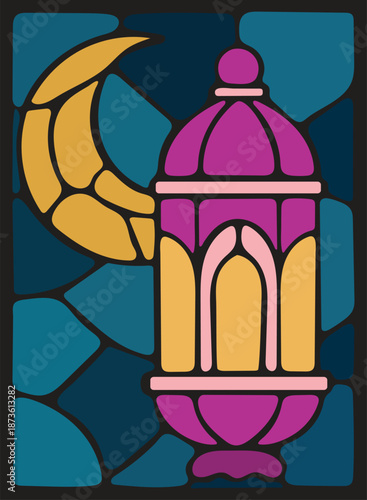 Golden crescent moon and traditional lantern in a stained glass-style Islamic illustration, perfect for Ramadan social media banners and festive printable decorations.