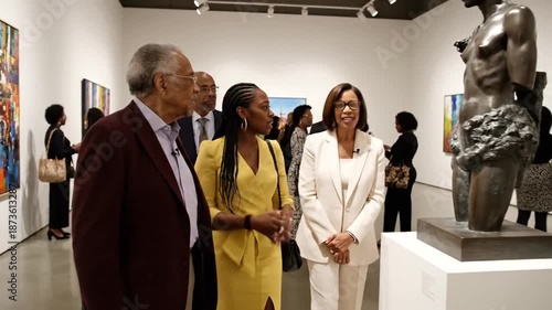 Art enthusiasts engage in conversation at a vibrant gallery exhibition