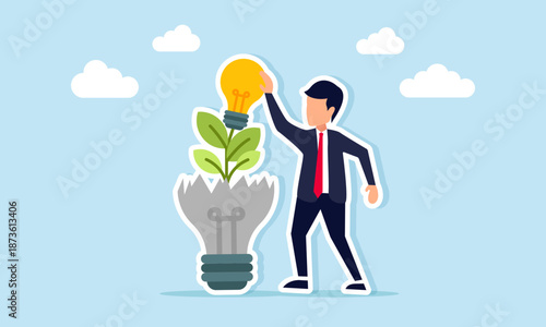 Businessman standing near flowering plant light growing from broken bulb illustration of creative thinking for sustainable innovation