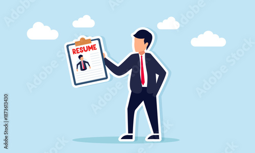 Businessman reviewing and studying another businessman or candidate resume illustration of employee recruitment process in a company