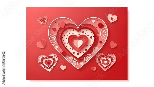 Layered paper cutout hearts in various shades of red on red background