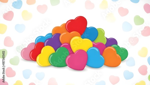 Colorful hearts scattered on white background with shiny heart pile center