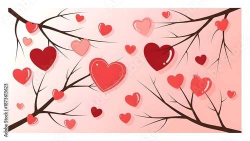 Red and pink hearts hanging from brown tree branches on a pink background