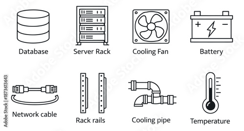 Line art IT infrastructure icons set featuring database, server rack, cooling fan, and network equipment for IT infrastructure and data center concepts