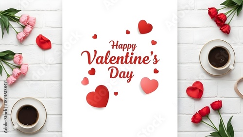 Valentine's Day greeting card with flowers, coffee, and hearts on white brick background