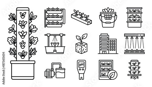 Vertical farming and hydroponics icons for modern urban agriculture and sustainable crop cultivation