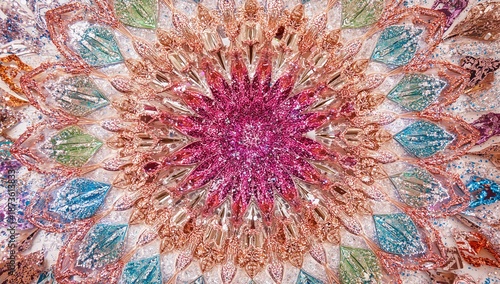 Colorful Glass Mandala Art with Pink Central Pattern and Multicolored Details
