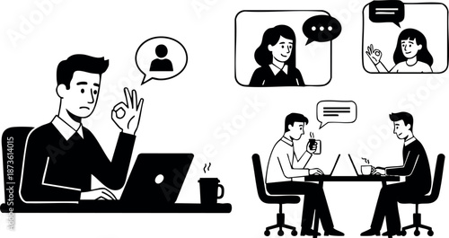 Business communication and remote collaboration with laptop and coffee in modern office workspace