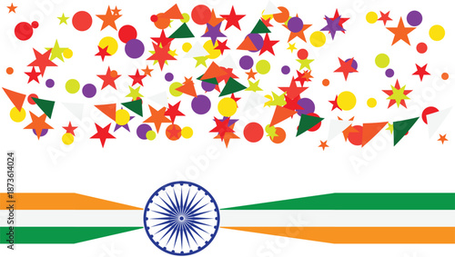 Colorful confetti shapes and Indian flag with Ashoka Chakra on white background, celebrating national pride.