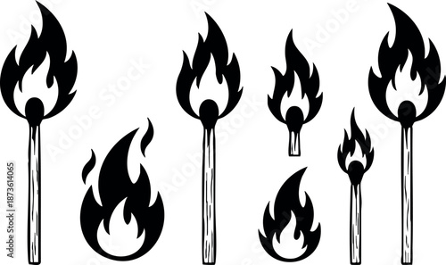 Matchsticks with Flames Vector Set Showing Different Fire Sizes and Burning States for Design Use
