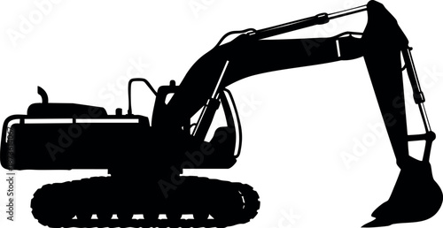 Excavator silhouette vector artwork showcasing heavy construction machinery with digging bucket and tracked wheels in industrial design style