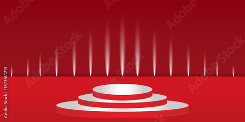 Abstract 3D podium with spot light on red studio background. Modern minimalist mockup for product display presentation. Realistic grey cylinder pedestal podium.