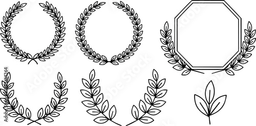 Laurel wreath vector set with leaves and ornamental frames for design and decoration purposes
