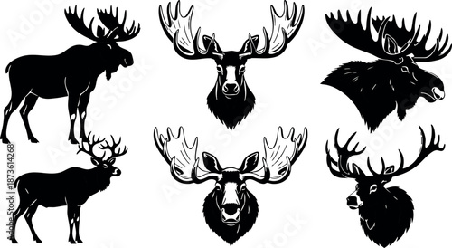 Moose silhouette collection with antlers in black vector design for wildlife and nature themes