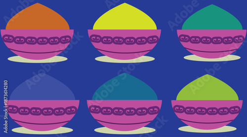 Six decorative pink bowls filled with vibrant colored powders for a festive celebration on a blue background.