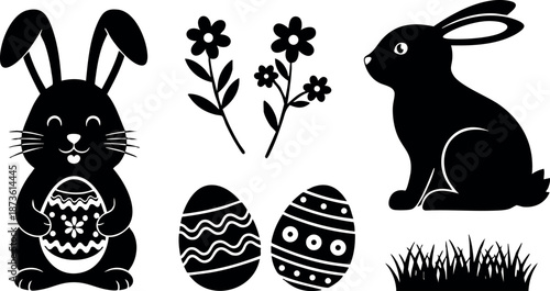 Easter rabbits holding decorated eggs with floral and grass elements vector illustration black silhouette
