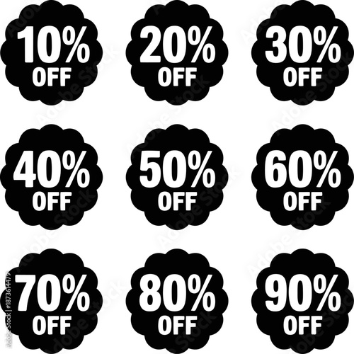 Black discount badge icons showing percentage sale offers from ten to ninety percent off in bold circular labels.