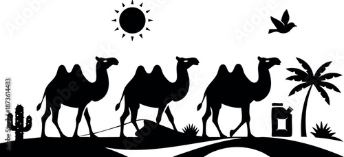 Camel caravan crossing desert landscape with sun palm tree bird and cactus silhouette vector illustration