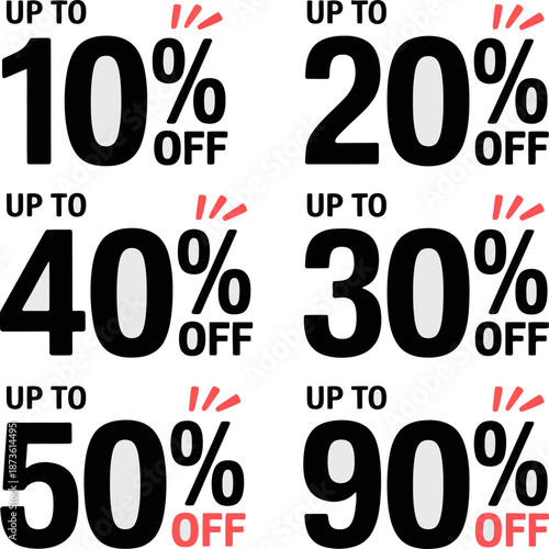 Bold promotional discount labels displaying multiple percentage offers, ideal for sales campaigns, retail promotions, marketing banners, and advertising designs.