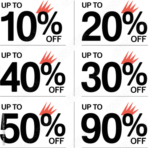 Bold promotional discount labels displaying multiple percentage offers, ideal for sales campaigns, retail promotions, marketing banners, and advertising designs.