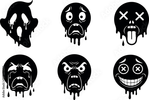 Dripping black horror faces with different scary expressions vector set for spooky design and Halloween theme