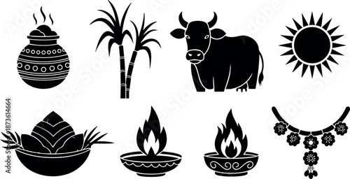 Vector collection of traditional Indian harvest festival icons including cow, sun, sugarcane, fire lamps, and floral necklace in black silhouette style