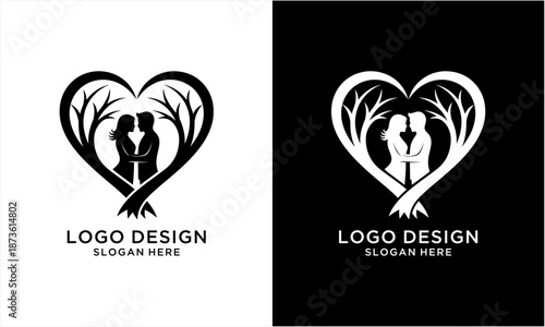 Heart-shaped tree with a loving couple inside, symbolizing eternal love and connection.