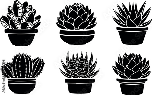 Black silhouette succulent plants in pots set vector illustration for gardening decoration and nature design