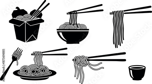 Asian noodles with chopsticks in various styles and containers vector set for food design and cuisine concepts