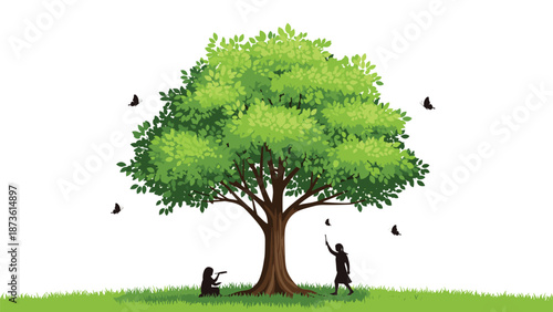 Green tree illustration with people silhouettes resting underneath and butterflies fluttering around the vibrant summer landscape.
