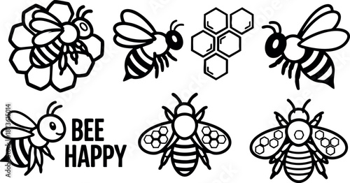 Bee icons collection with happy message and honeycomb vector set for nature and environment design elements