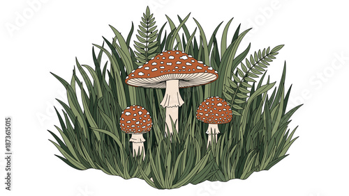 Group of red fly agaric mushrooms with white spots growing in thick green grass with ferns against a white background.