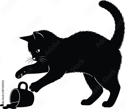 Playful Black Cat Knocking Over Cup Silhouette