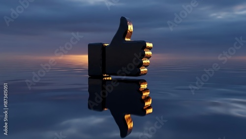 Golden thumbs up symbol reflecting on calm water at sunset