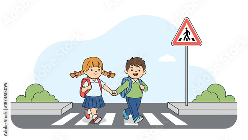 Two elementary students holding hands and carrying backpacks while safely crossing the street at a marked pedestrian walkway.