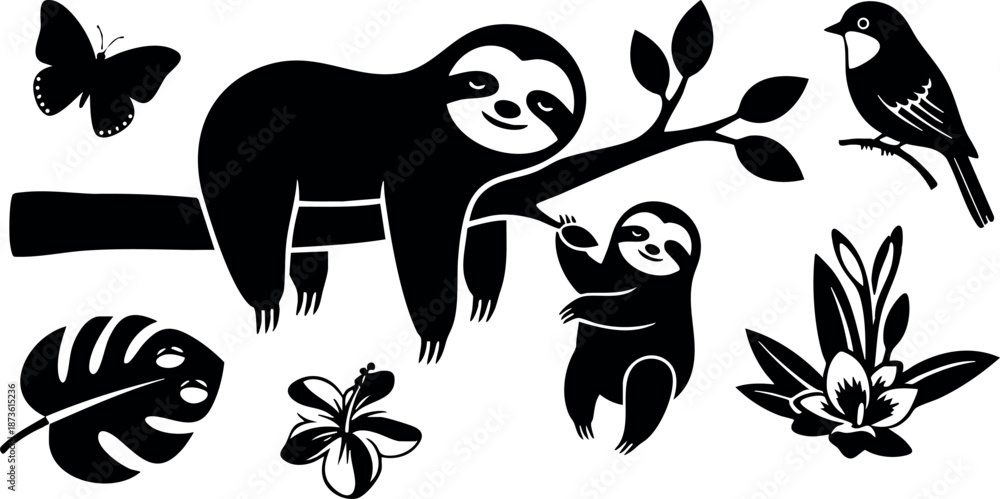 Fototapeta premium Sloth family with butterfly bird and tropical leaves vector illustration in black silhouette style
