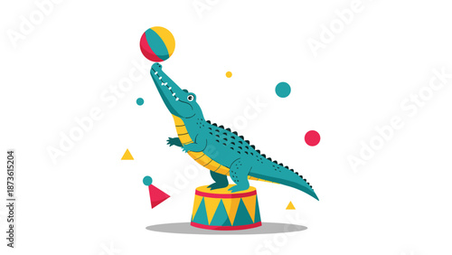 Cheerful blue crocodile balancing a colorful beach ball on its nose while standing on a circus pedestal surrounded by geometric shapes.