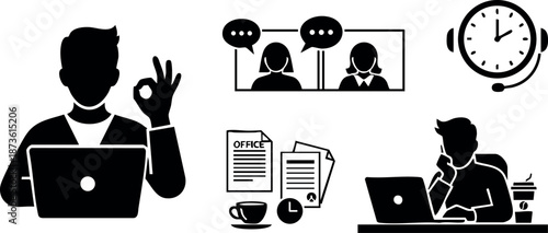 Remote work communication and productivity with virtual meeting and office tasks in black silhouette vector design