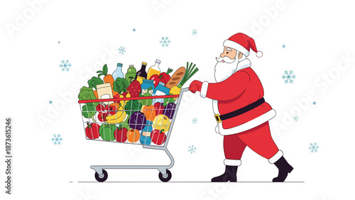 Santa Claus wearing his traditional red suit and pushing a shopping cart overflowing with fresh groceries and holiday food.