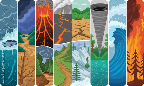Stylized vertical panels depicting natural disasters and extreme environments, showcasing Earth’s destructive forces in bold, colorful illustration.