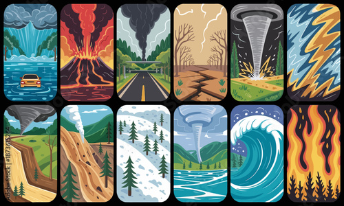 Stylized vertical panels depicting natural disasters and extreme environments, showcasing Earth’s destructive forces in bold, colorful illustration.