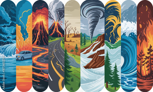 Stylized vertical panels depicting natural disasters and extreme environments, showcasing Earth’s destructive forces in bold, colorful illustration.