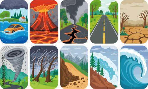 Stylized vertical panels depicting natural disasters and extreme environments, showcasing Earth’s destructive forces in bold, colorful illustration.