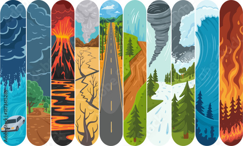 Stylized vertical panels depicting natural disasters and extreme environments, showcasing Earth’s destructive forces in bold, colorful illustration.