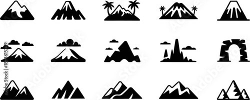 Minimal black mountain landscape icons set featuring peaks, deserts, islands, rocks, and hills in clean silhouette style.