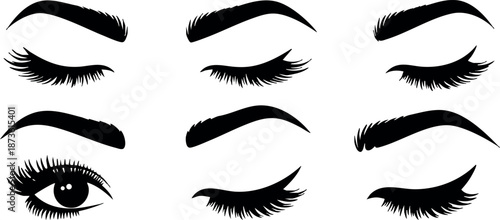 Eyebrows and Eyelashes Vector Set with Various Eye Expressions and Closed Eyes Design for Beauty and Makeup Illustration