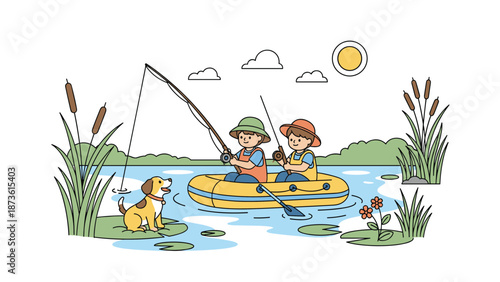 Two adventurous children fishing from a small inflatable boat on a calm lake with their pet dog and cattails along the shore.