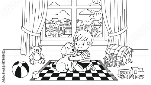 Little boy kneeling on a checkered rug and hugging his pet dog in a playroom filled with various toys and a window view.