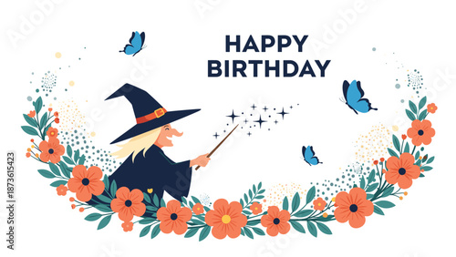 Friendly witch holding a magic wand and casting stars with a happy birthday message surrounded by bright orange flowers.